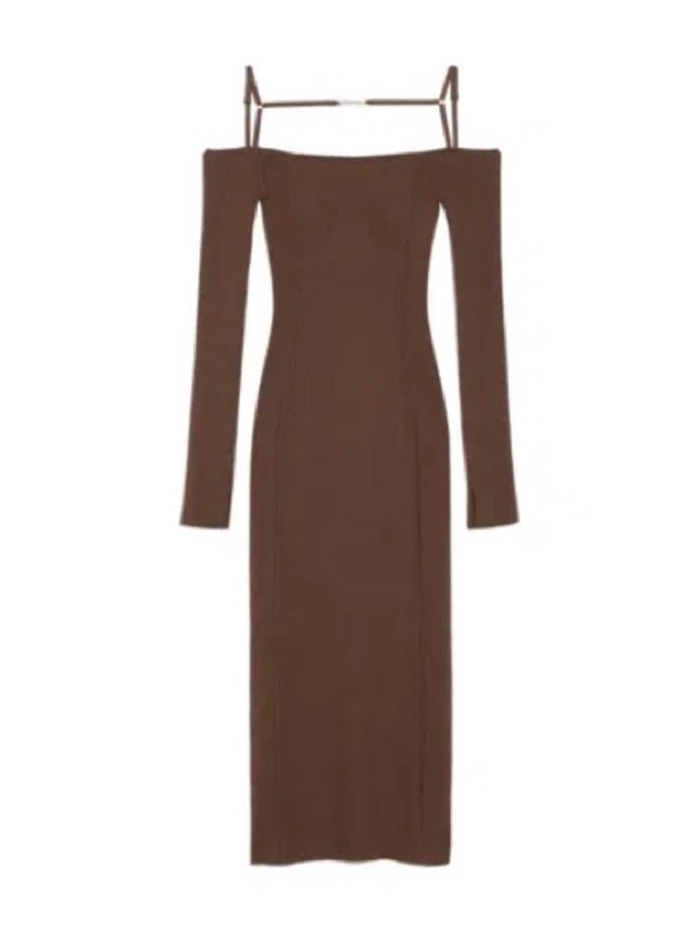 Off-Shoulder Long Sleeve Brown Midi Dress  *STRAPS REMOVED*
